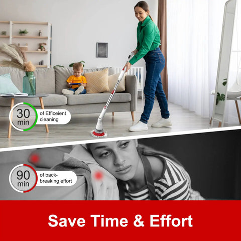Woman using Cordless Electric Spin Scrubber With 6 Replaceable Brush Heads And Adjustable Extension Handle for cleaning floor