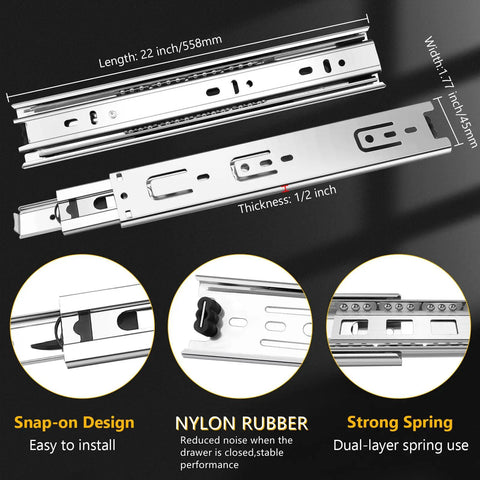 10 Inch Ball Bearing Drawer Slides Set With 6 Pairs, 12 Pieces, 100Lb Capacity, Full Extension Side Mount Slides in silver, labeled dimensions.
