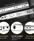 Workhorse 16 Inch Ball Bearing Drawer Slides Six Pairs with nylon rubber and dual-layer springs, showcasing a close-up of the hardware.
