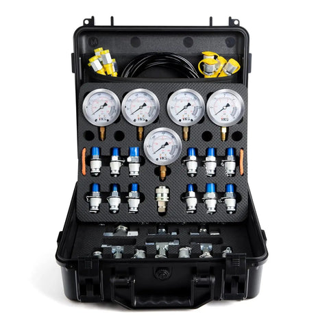 Rugged Beefed Up Hydraulic Pressure Test Kit With 600 Bar 8700 Psi 60 MPa Five Gauges Thirteen Test Couplings Sturdy Case