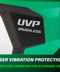Close-up of 18V MultiVolt Cordless Compact Reciprocating Saw with UVP feature for reduced vibration and extended use.