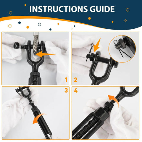 Instruction guide for a Heavy Duty Turnbuckle With Large Jaw For Cables And Wire Rope Half Inch 2205 Lbs Working Load Black Tensioner