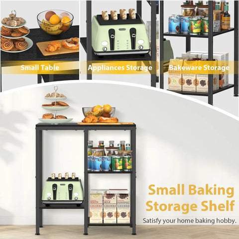 Image of 4 Tier Adjustable Kitchen Microwave Stand with storage, showing use as a small baking shelf with toaster and ingredients.