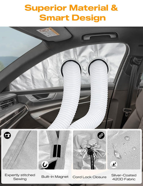 Portable Car Window Air Conditioner Kit With Magnetic Seal And Rainproof Drawstring No Fuss Tool Free Install Fits Most Sedans SUVs And MPVs Like CRV SRV Blocks Hot Air And Keeps Your Cabin Cool On The Go with hoses, magnetic seal, cord lock and fabric details inside vehicle.