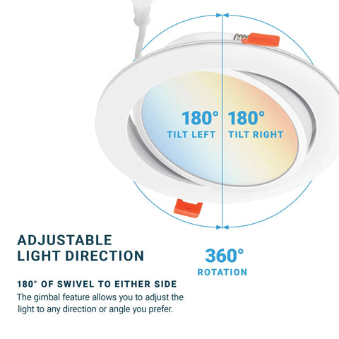 Sleek Dope 6 Inch LED Recessed Lights With J Box Gimbal Eyeball Canless Panel 5 Color Temperature Switch showing 360° rotation