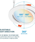 Ultra Thin 6 Inch LED Recessed Gimbal Lights With J Box No Fuss Install 12W Dimmable 5 Color Temp Switchable 180-degree swivel