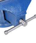 Heavy Duty Cast Iron Table Vise With 8 Inch Jaw Width And Wide 150mm Opening For Milling Drilling Machines Plus Flat Clamp Anvil Workholding Tool viewed from side with steel handle.