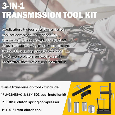 Universal Clutch Drum Spring Compressor Kit With J36418C And ST1503 Teflon Seal Installer for GM Transmissions, tools displayed