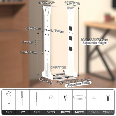 Slick Under Desk PC Mount Bracket For Computer Tower Case Holder White Adjustable Frame dimensions 15.7-23.6in height