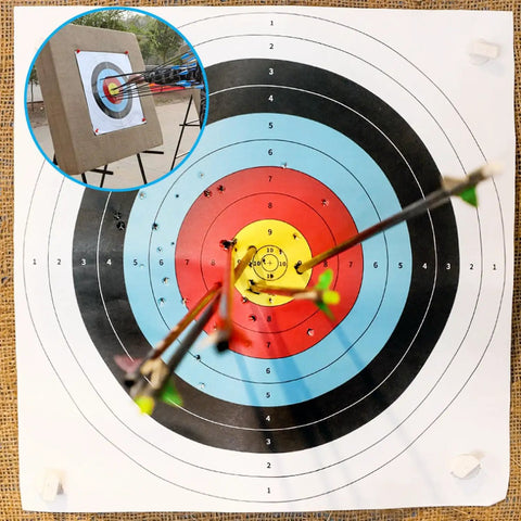 15 Pack Archery Target Paper For Backyard Practice 16 Inch With 10 Ring Design shown with arrows embedded in bullseye