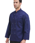 Mens Long Sleeve Chef Coat Breathable Kitchen Cooking Uniform With Smart Pockets And Easy Collar, navy color, front view.
