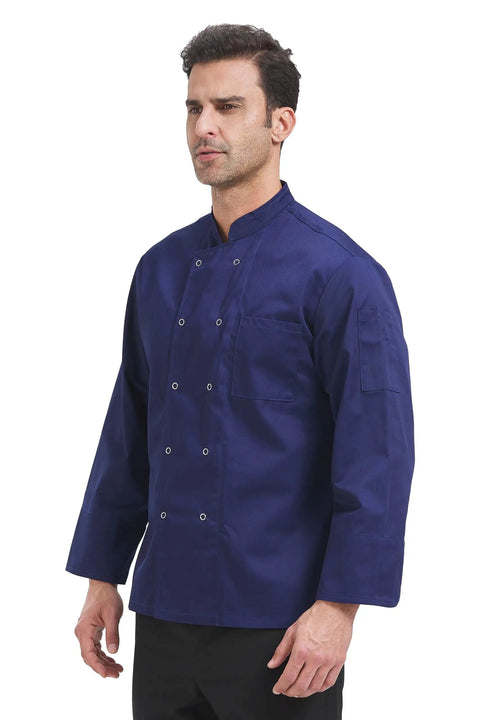 Mens Long Sleeve Chef Coat Breathable Kitchen Cooking Uniform With Smart Pockets And Easy Collar, navy color, front view.