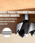 Eight Piece Forstner Drill Bit Set For Woodworking with hex shank shown drilling through wood, focus on hinge cutter and bit size gauge.