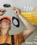 Man installing 4 Inch Black Gimbal LED Recessed Lighting Kit With Slick Adjustable Lens For Sloped Ceilings, canless design