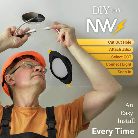 Man installing 4 Inch Black Gimbal LED Recessed Lighting Kit With Slick Adjustable Lens For Sloped Ceilings, canless design