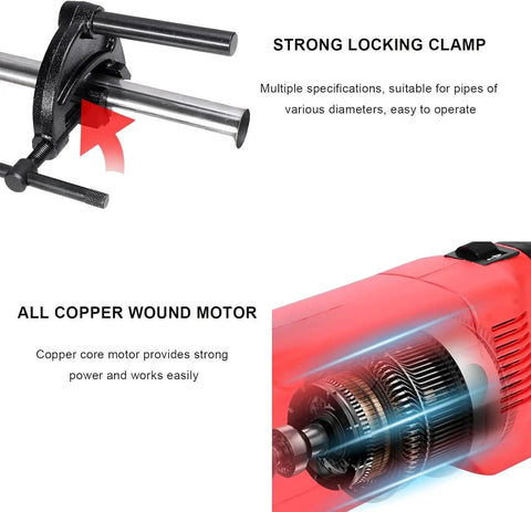Heavy Duty Electric Pipe Cutter And Threader Kit With Six Dies For Water Gas Line Plumbing showing strong locking clamp and all copper wound motor.