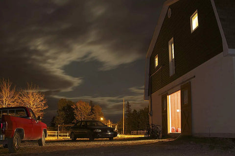 Night scene with barn lit by 300W Equivalent Mini Corn Cob LED Light Bulb With E26 Base 5000K Daylight illuminating the entrance