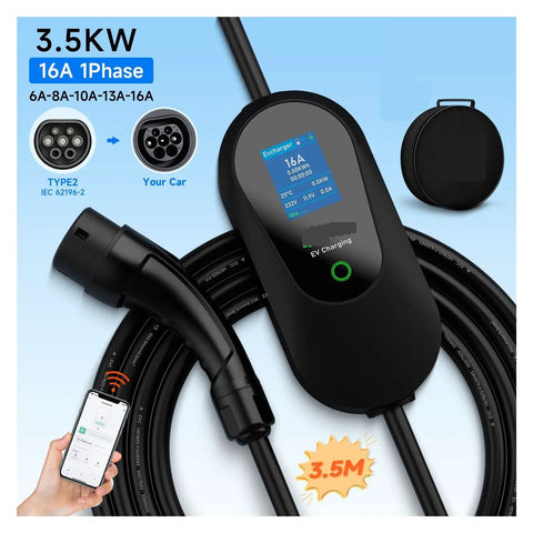 Portable Level Two EV Charger With Smart App Control, 3.5 meter cord, Type 2 plug, compact design for easy charging.