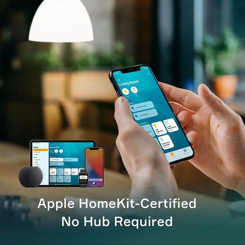 Smart In Wall Relay Switch No Neutral Required Works With HomeKit 2.4GHz WiFi Light Switch For Retrofit Homes No Hub Needed Siri Shortcuts Apple Home App Compatible, showing HomeKit interface on phone and tablet.