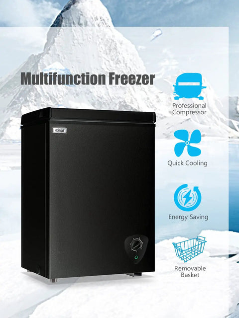 Keep Your Cool With This Badass 3.5 Cubic Foot Chest Freezer Featuring Seven Chill Zones And A Sleek Black Shell on icy backdrop.