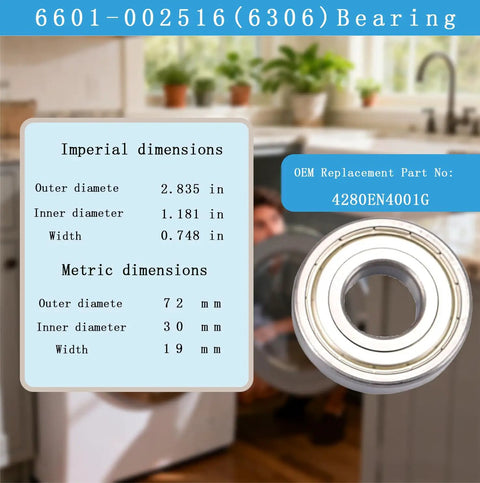 Hardcore Washer Tub Bearings And Seal Kit For Samsung WF Series showing dimensions and details of 6601-002516 bearing for laundry repair.