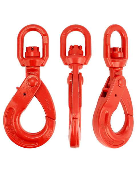 Dead Serious Heavy Duty Grade 80 Swivel Self Locking Hoist Hook With Eleven Thousand Pound Capacity And Rock Solid Drop Forged Steel Body Built Different For Rigging Jobs, showing three angles of red hooks.