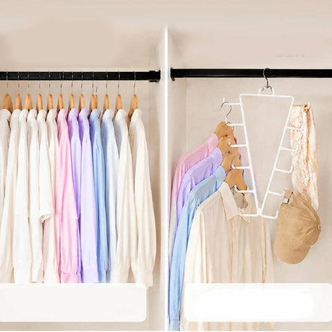 Game Changing Dual Side Closet Hanger With Twelve Rotating Hooks For Organizing Belts Scarves Ties And Gear, displaying shirts and accessories.