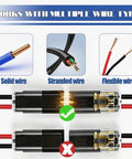 30 Pack Double Wire Plug In LED Light Strip Connectors showcasing wire compatibility: solid, stranded, and flexible wire types.