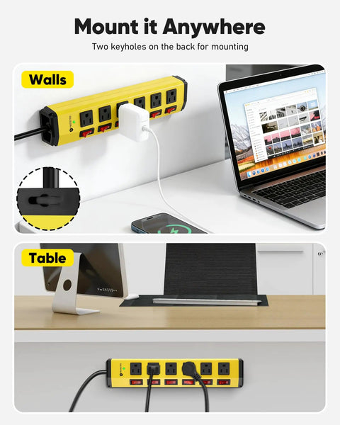 Dope Heavy Duty Surge Protector With Individual Switches And Wide Spaced 6 Outlets 6 Foot Cord 15 Amp Power Strip For Home Office And Gaming Setup Energy Saver By Turning Off Specific Devices. Wall-mounted yellow power strip with 6 outlets and switches
