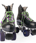 Black quad skates with green laces featuring Roller Skate Toe Stoppers And Brake Blocks For Quad Skates With Adjustable Bolts Non Marking