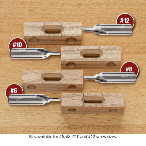 Knockout Countersink Slotting Router Bit For Size Eight Flathead Screws Solid Carbide Build with other size bits on wood.