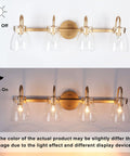 Gold Modern Bathroom Vanity Lights Over Mirror With Four Clear Glass Shades, shown in on and off states for master bath use
