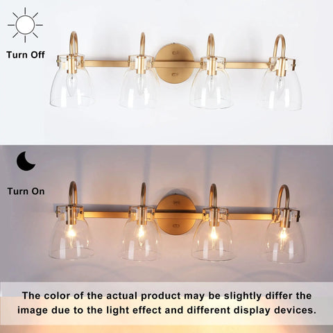 Gold Modern Bathroom Vanity Lights Over Mirror With Four Clear Glass Shades, shown in on and off states for master bath use