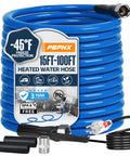 Heated water hose for RV, blue PBPHX, coiled with power plug and fittings