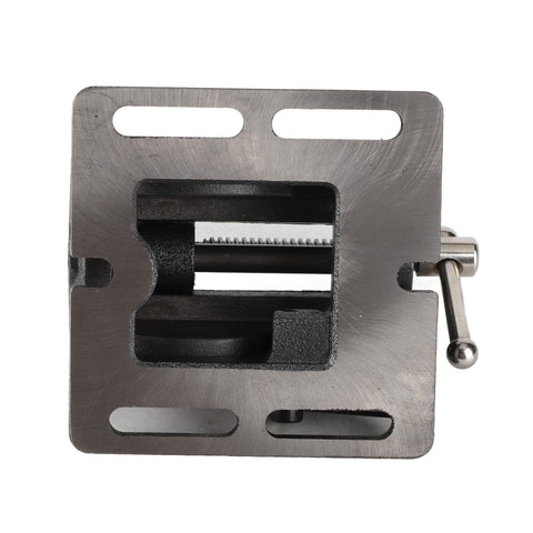 Rock Solid Heavy Duty 3 Inch Drill Press Vise With Cast Iron Frame And Hardened Steel Jaws top view showing clamp mechanism and jaws.