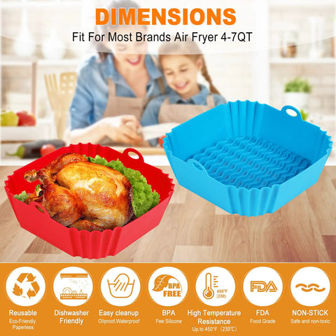 Two Pack 8 Inch Square Silicone Air Fryer Liners Reusable Inserts For 4 To 7 Qt Ovens Thick 67 Mil Food Grade Silicone Red And Blue Nonstick