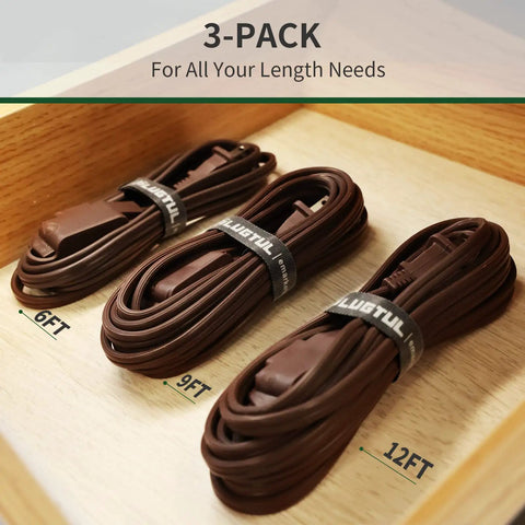 Brown Three Outlet Indoor Extension Cord With 6, 9, And 12 Foot Lengths, 16 Gauge Copper Wire, shown in 3-pack