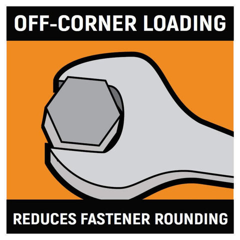 Illustration of six point 13mm combination wrench with off corner box end gripping a hex fastener securely.