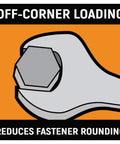 Illustration showing off-corner loading feature on 14mm 6 Point Combination Wrench With Off Corner Loading Box End For Secure Hex Fastener Fit