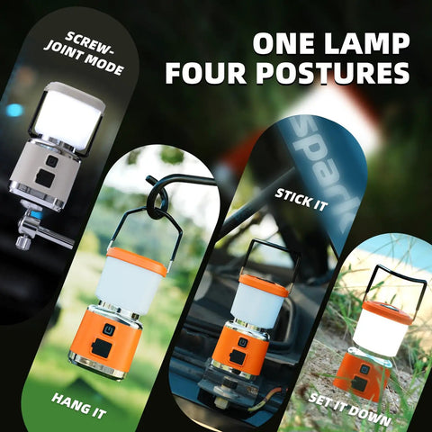 Hella Bright 1000 Lumen Rechargeable LED Camping Lantern With Four Light Modes, Magnetic Base shown in different setups.