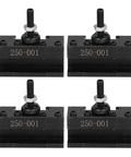 Four Piece Tool Post Holder Set For Turning, Facing And Boring Tasks With Piston Wedge Hardware, Pro Grade High Speed Steel CNC Fixture, Heavy Duty Machining Component For Industrial Lathe, four black holders shown front view