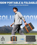 Man carrying 100W Portable Folding Solar Panel Kit for Power Stations and RVs, eight-fold compact, lightweight design