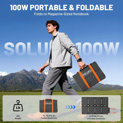 Man carrying 100W Portable Folding Solar Panel Kit for Power Stations and RVs, eight-fold compact, lightweight design
