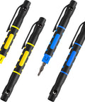 Real Deal Four Piece Mini Pen Screwdriver Kit Featuring Versatile Four In One Double End Bits For Phillips And Flathead Jobs Great For Tight Spaces And On The Fly Fixes, showing four pocket-sized screwdrivers with colored grips.