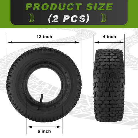 13x5.00-6 Tires And Inner Tubes 4 Pack Set TR 13 Straight Valve Stem showing dimensions for lawn mowers, garden carts