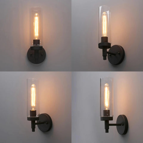 Matte Black Rustic Industrial Wall Sconce Light With Tubular Clear Glass Lampshade for Bedroom and Kitchen