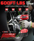 Pro Level Cordless Impact Wrench 3 8 Inch being used on a car wheel, showcasing 600 ft-lbs max torque for fast bolt removal.