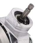 Close-up of stainless steel drill attachment for sheet metal cutting and DIY craft projects, showing metal nibbler feature.