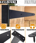 4 Inch T Strap Gate Hinges 2 Pack Heavy Duty Black Tee Hinges for Wooden Fences, shown installed on a wooden gate with features highlighted.