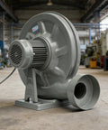Heavy Duty Wood Chip Dust Extractor And Quiet Utility Blower For Active Workshops, compact gray exhaust fan with cast iron casing.